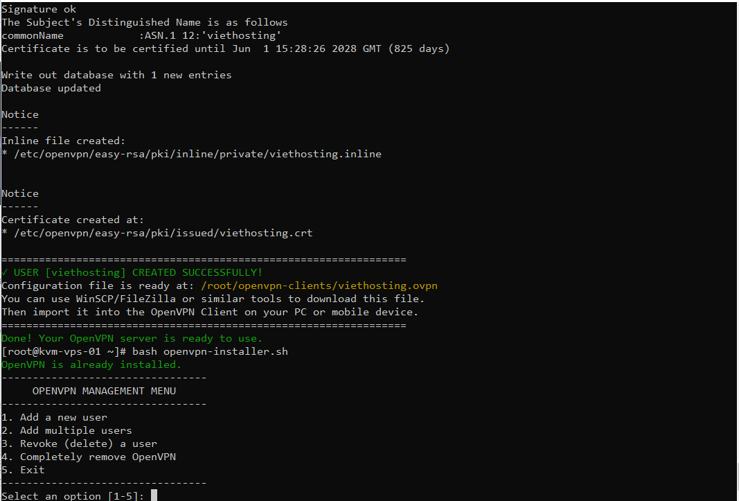 Real CLI interface of OpenVPN auto-installer script - VietHosting