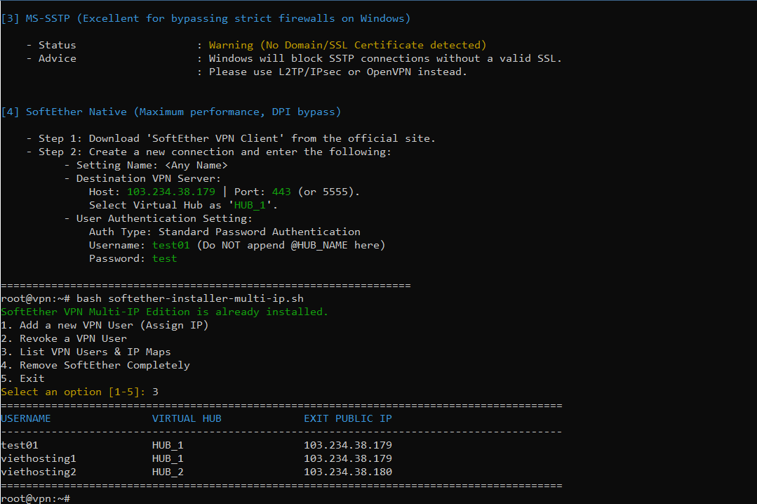 Giao diện thực tế SoftEther VPN Server Multi IP Script installer - VietHosting
